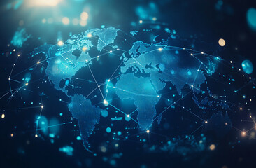 An abstract illustration depicts a world map with glowing lines connecting points on a blue background. The lines resemble connections between different points on the globe.

