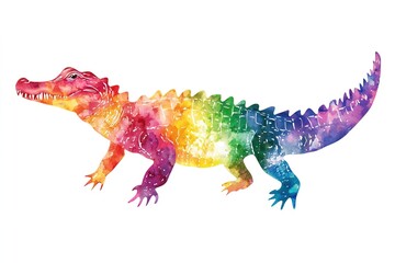 watercolor vibrant multicolored silhouette crocodile isolated on white background