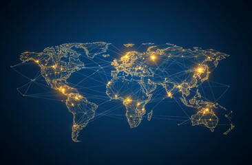 A stylized world map with glowing connections between continents represents global network connectivity
