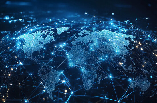 A digital map of the world with glowing lines connecting various points, representing global connectivity
