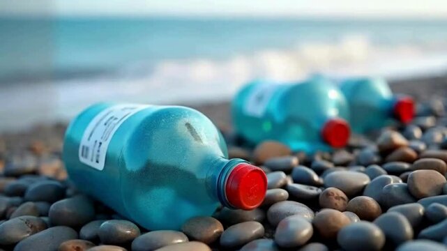 Plastic caps and bottles all across a pebble beach