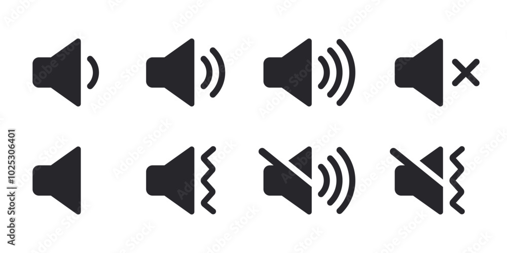 Poster Speaker and sound icon. Computer voice icon. Megaphone and music icon. Sound pictogram. Musical note. Audio sign. UI UX element. Sound button. Audio system, noise with soft UI, push button.