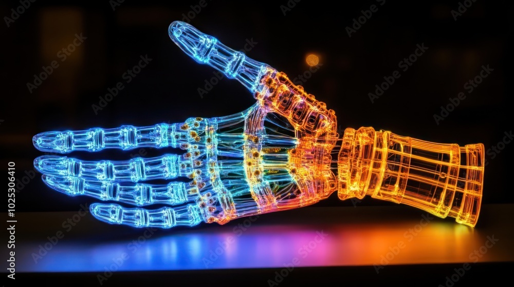 Poster illuminated robotic hand with glowing joints and framework