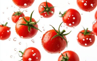 juicy tomatoes flying through the air against a pure white background. 