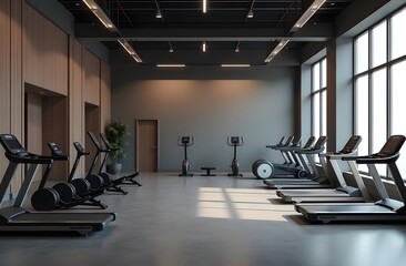 A sleek fitness studio features a row of treadmills and weight equipment, bathed in natural light...