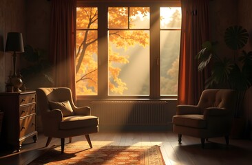 Fototapeta premium Soft rays of autumn sunlight illuminate a cozy living room with two chairs facing a window. Outside, colorful fall leaves add warmth to the serene atmosphere