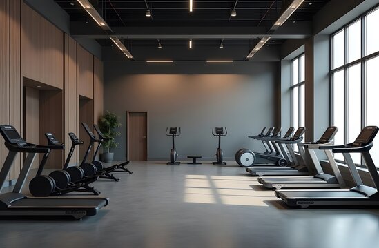 A sleek fitness studio features a row of treadmills and weight equipment, bathed in natural light from large windows and designed for efficient workouts