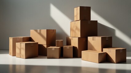 the neat arrangement of cardboard boxes of different sizes, casting soft shadows on a clean white background, clear lines and subtle textures create a minimalistic composition, show the use of environ