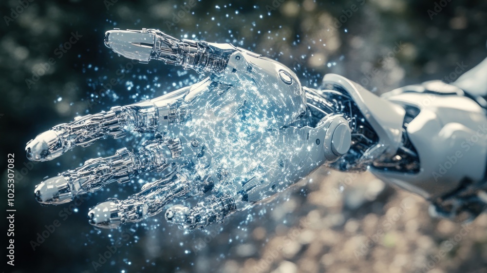 Poster a close-up of a metallic robotic hand with glowing particles