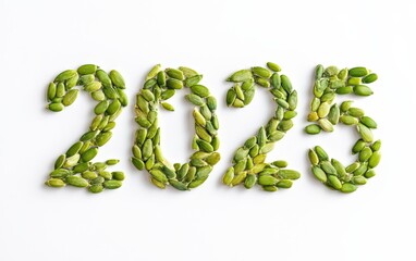The numbers "2025" formed by vibrant green pumpkin seeds scattered across a pure white background,