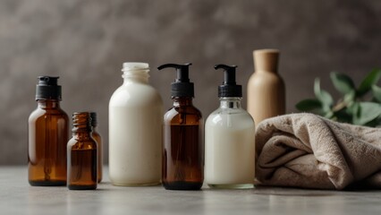 zero waste eco friendly hygiene bathroom concept. reusable cosmetic bottles, essential oils droppers, candle,