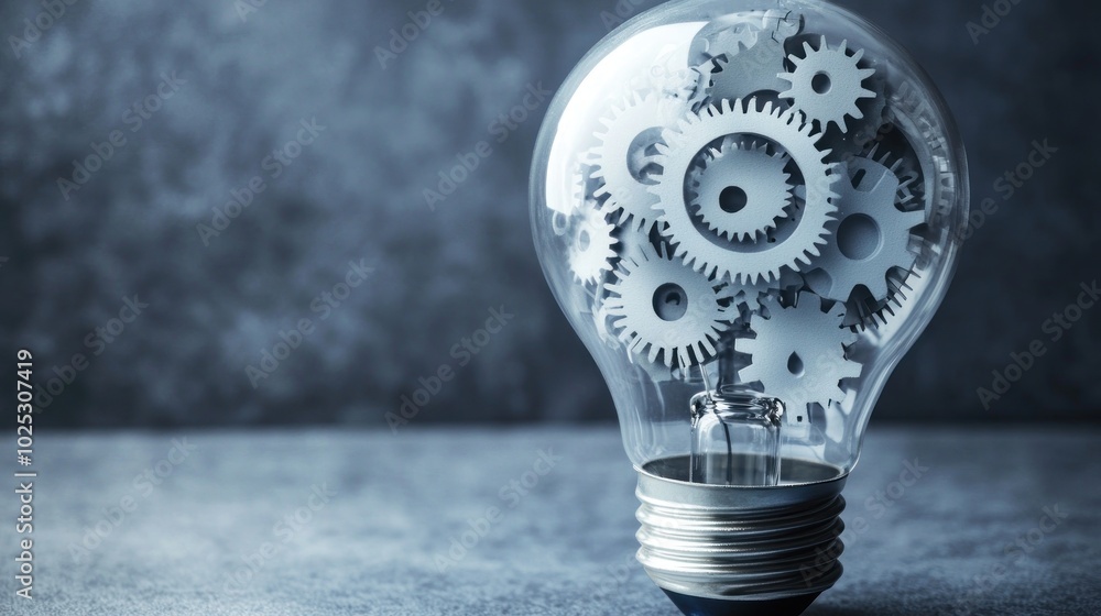 Poster Light Bulb Filled with Interlocking Gears Representing Innovation