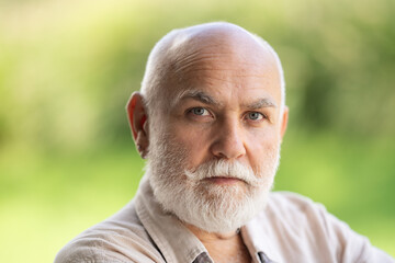 Mature senior grandfather close up portrait. Grey hair white beard old man. Mature man. Face of bearded mature age man. Headshot of old mature senior man with grey beard.