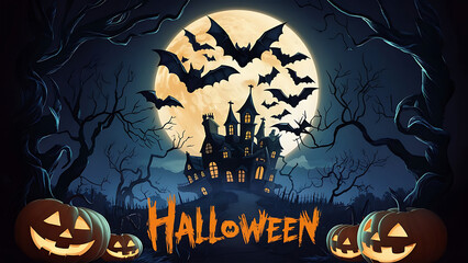Halloween background Zombie hand Halloween pumpkins under the moonlight  halloween background banner The inscription with ominous tree branches and bats on a background of full moon.
