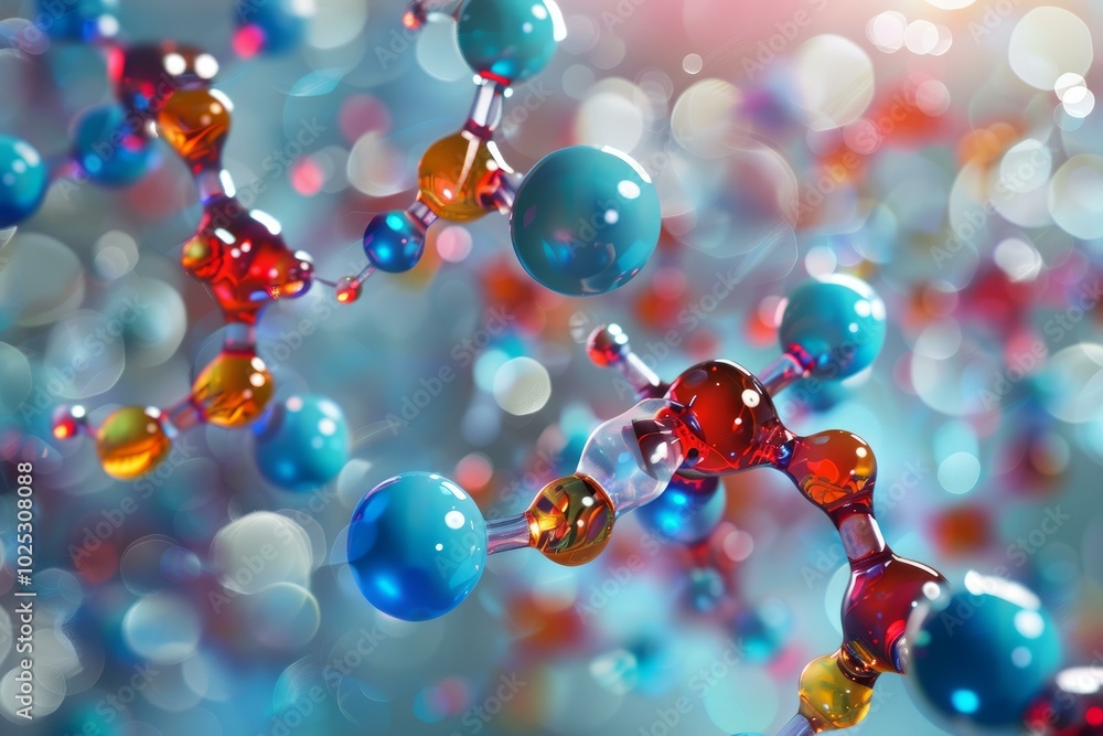 Poster 3d illustration of transparent colorful molecules floating and connecting with each other in a scien