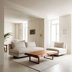 Minimalistic modern living room with wooden table 