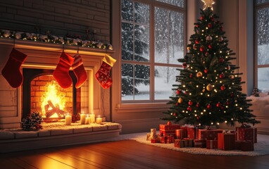 Fototapeta premium A cozy mantelpiece adorned with Christmas garlands, fairy lights, and candles, with a warm fire burning in the fireplace, casting a soft glow