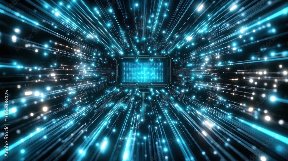 Poster abstract digital network with glowing blue lines and a central circuit board