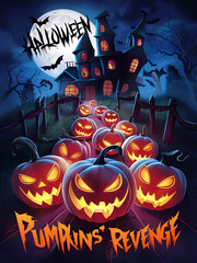 Halloween background Zombie hand Halloween pumpkins under the moonlight  halloween background banner The inscription with ominous tree branches and bats on a background of full moon.
