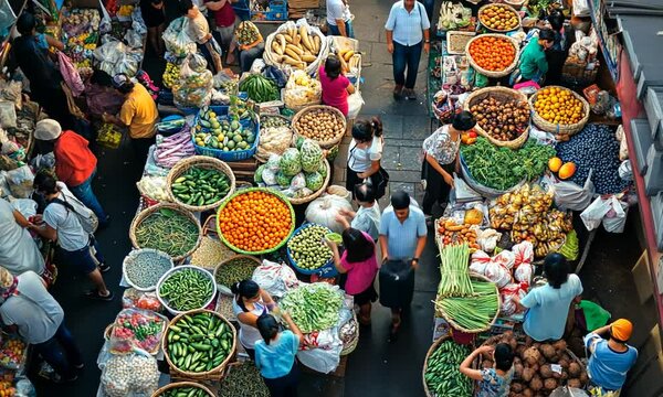 A bustling marketplace brimming with fresh produce