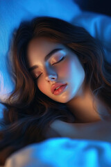 Young woman peacefully sleeping in a softly lit bedroom during nighttime
