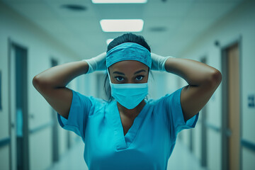 Healthcare professional preparing for duties in a hospital corridor at midday