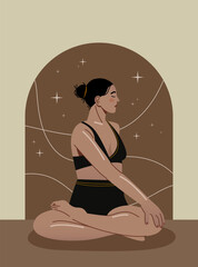 Woman sitting in yoga pose with simple cosmic background. Young woman practicing yoga. Workout and meditation. Wellness concept.