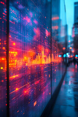 A colorful, abstract image of a city skyline with a lot of numbers and lines