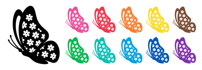 Stylized vector set of side view monarch butterflies with white floral patterns in bright colors on a white background. Ideal for spring and summer designs, nature-inspired art and seasonal decor