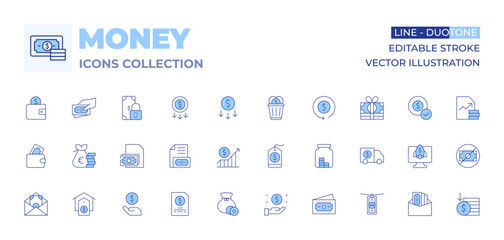 Money icons collection. Line Duotone style, editable stroke. money, earnings, wallet, debt, house, cost, stock, application, money bag, business, increase