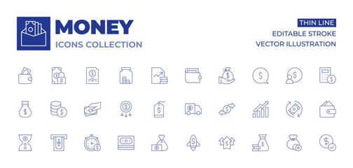 Money icons collection. Thin Line icons, editable stroke. price tag, cost, money, money transport, money bag, countdown, time is money, taking cash, rocket