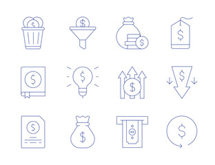 Money icons. Thin Line style, editable stroke. money waste, business, application, price tag, money, return of investment, money bag, sales funnel, light bulb, monitor, profit, taking cash