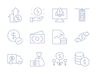 Money icons. Thin Line style, editable stroke. money, transaction, arrows, dollar, money transport, money bag, startup, report, investment, money laundering