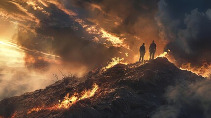 Fototapeta premium Bush on fire on a mountain in the desert
