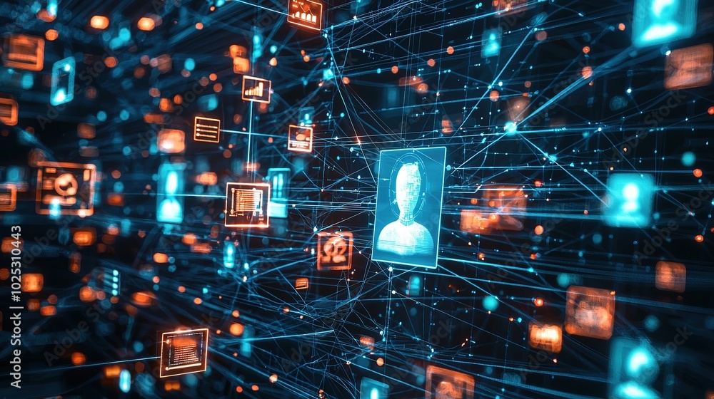 Poster a digital network showcases interconnected data points and a central profile, highlighting technolog