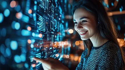 A woman smiles while interacting with a luminous digital interface filled with data, showcasing technology and innovation.
