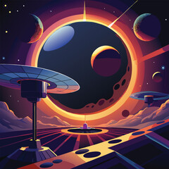 Science fiction illustration with Futuristic Gladiator Arena, Alien Planet Sunrise, Virtual Reality World, Galactic Senate