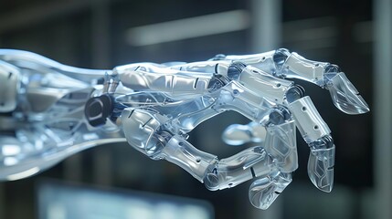 Crystal-clear image of a bionic limb, medical breakthrough, sterile environment,