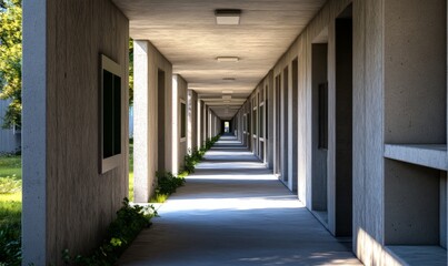 Brutalist student housing with blocky, repetitive units, exposed concrete surfaces, and narrow, shadow-filled corridors.