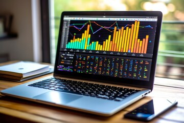 A laptop displaying analytical graphs and data charts on a wooden desk in a bright workspace