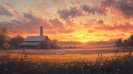 A serene and detailed painting of a quiet farm at sunset, set against a tranquil background, warm color palette, soft light with rich textured brushstrokes