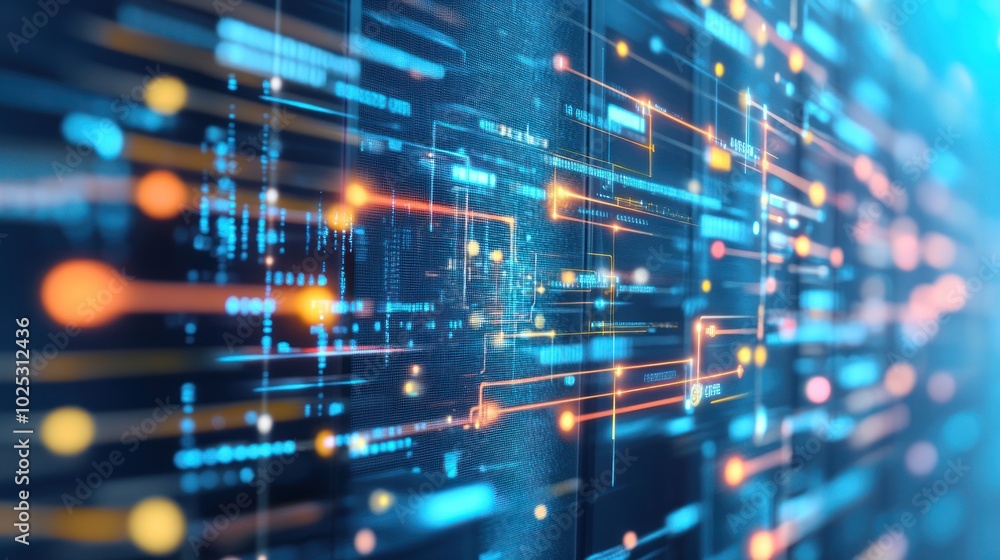 Poster abstract digital data network with orange and blue lights