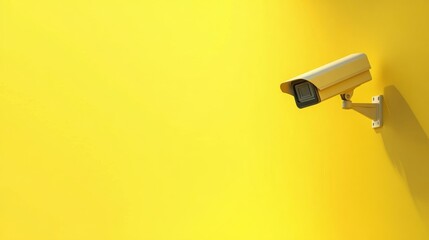 Surveillance camera on a yellow background, AI security and control concept. Minimalistic image with minimal details.