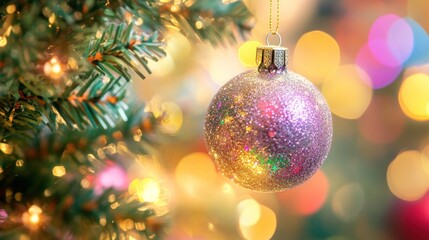 Fototapeta premium Pink Glitter Christmas Ornament Hanging on a Christmas Tree