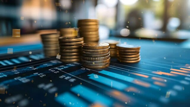 stack of coins, bitcoin on the top table loop animation digital business background