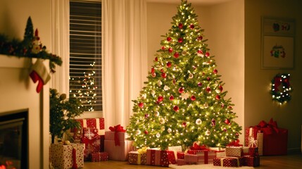 Decorated Christmas Tree with Presents and Fireplace in a Living Room