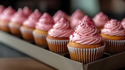 Pink vanilla cupcakes with sprinkles, sweet indulgence for bakery lovers, dessert print for party, celebrations, National Vanilla Cupcake Day, and and Muffin Day