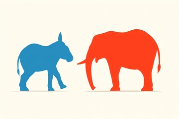 Obraz premium Republican elephant and democratic donkey. American political parties signs. 2024 Presidential elections. Vote day, November 5. US Election campaign. Party mascots. Flat illustration design