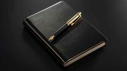 Flat lay of luxurious notebook and goldplated pen, premium quality, high resolution, rich textures, sophisticated design, photorealistic quality, elegant aesthetic