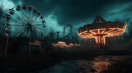 An abandoned carnival at night, with broken rides, eerie clowns, and a ghostly figure standing near a flickering carousel.